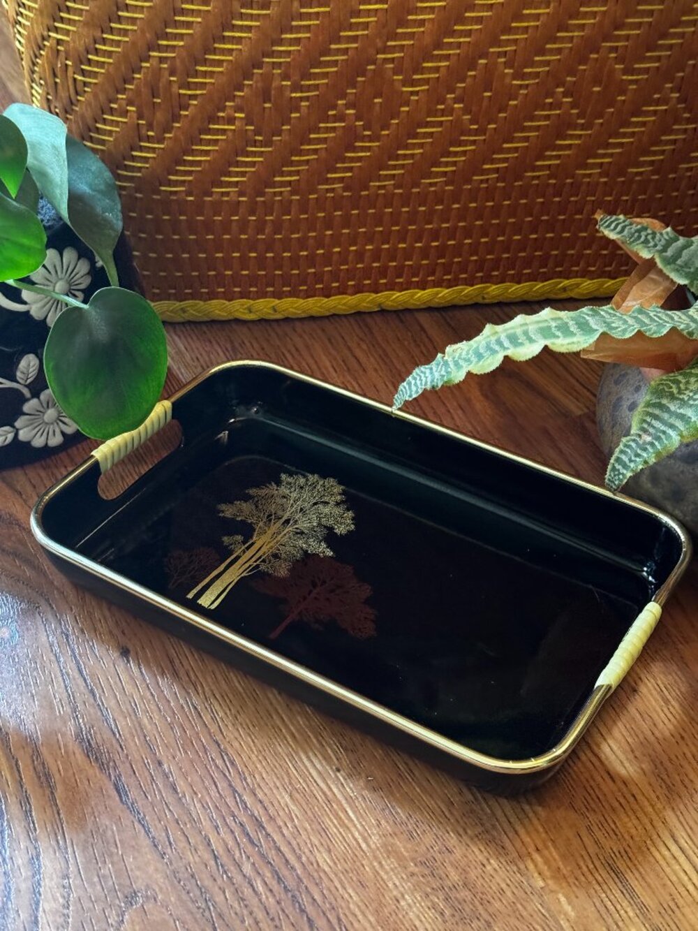 Shikki Lacquerware Serving Tray, Golden Tree Design, Vintage 1980s